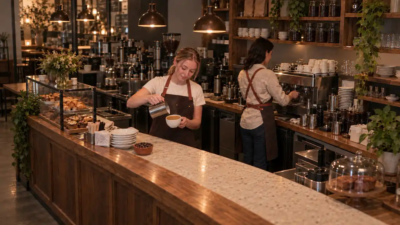 A barista at the Daybreak espresso bar pours steamed milk into a latte