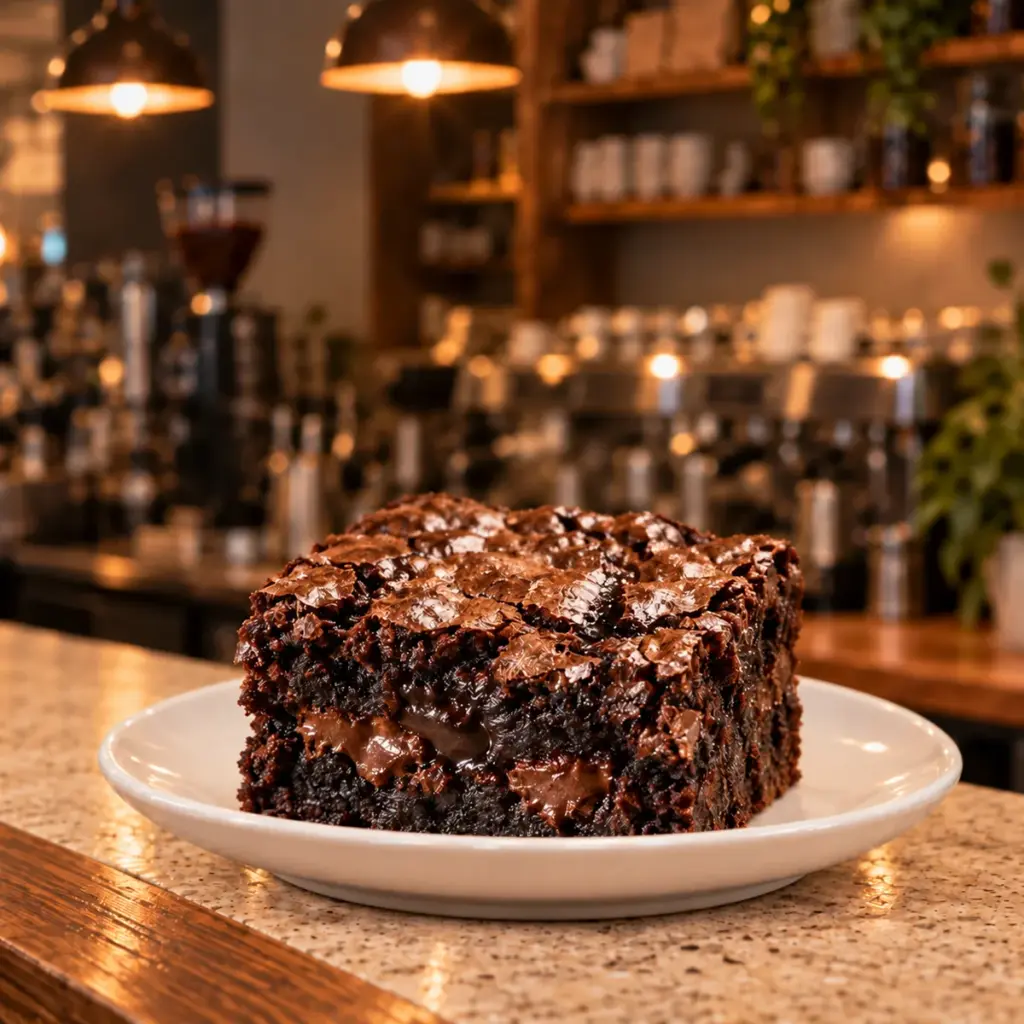 A thick gluten-free brownie with a crackled top on a white plate on the Daybreak counter