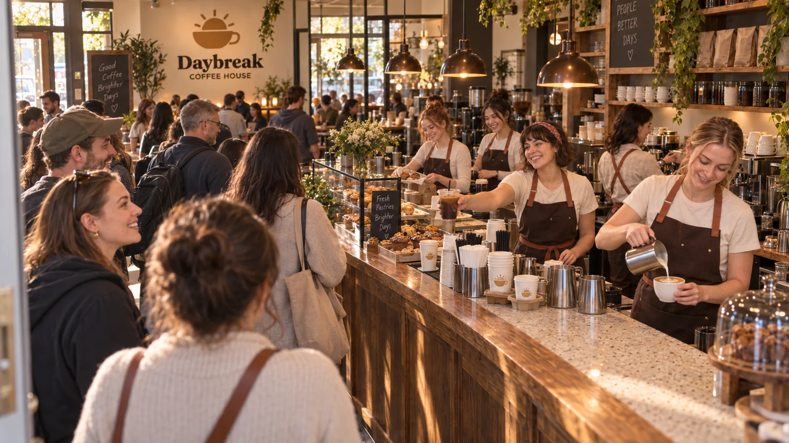 A busy morning at the Daybreak counter: the line at the pastry case and three baristas pouring drinks under the copper lamps