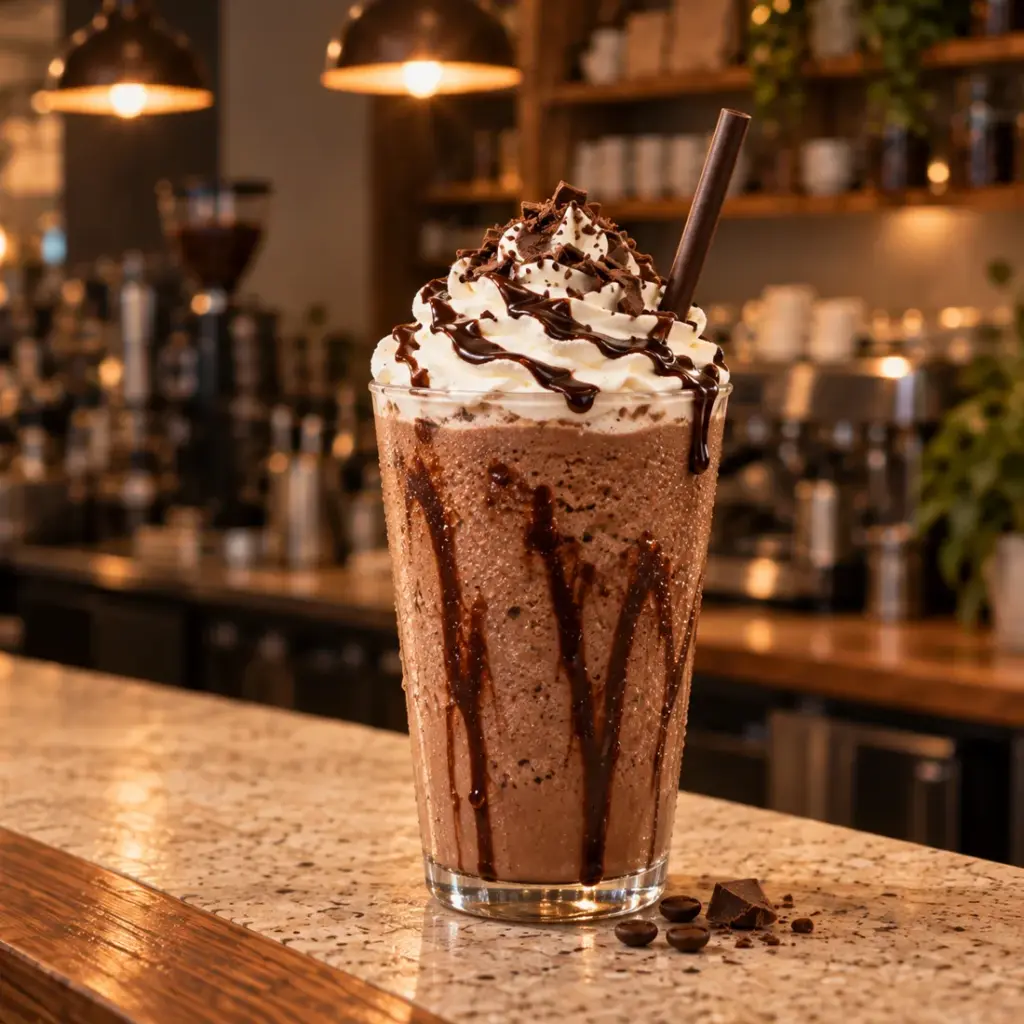 A chocolate frappuccino in a tall clear cup with whipped cream and chocolate drizzle, on the Daybreak counter