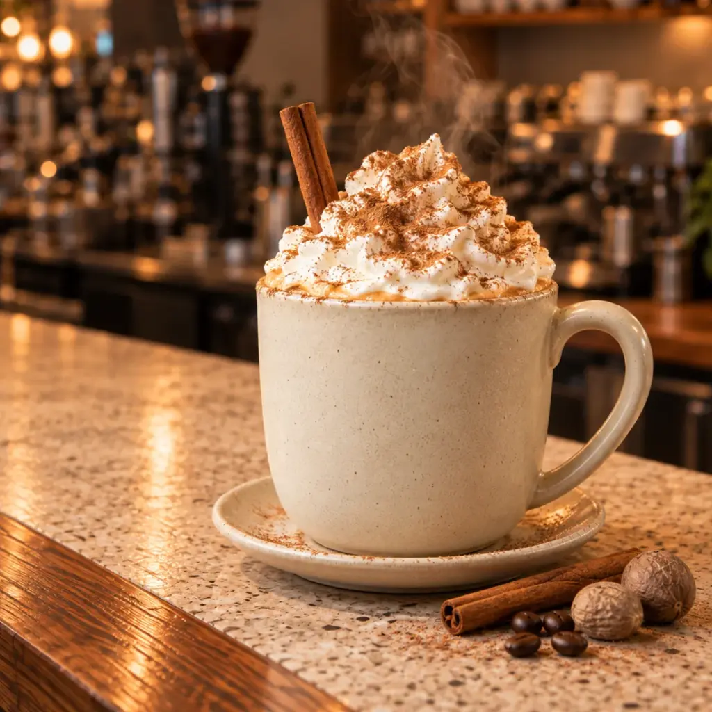 A pumpkin spice latte in a cream mug, whipped cream dusted with cinnamon, on the Daybreak counter