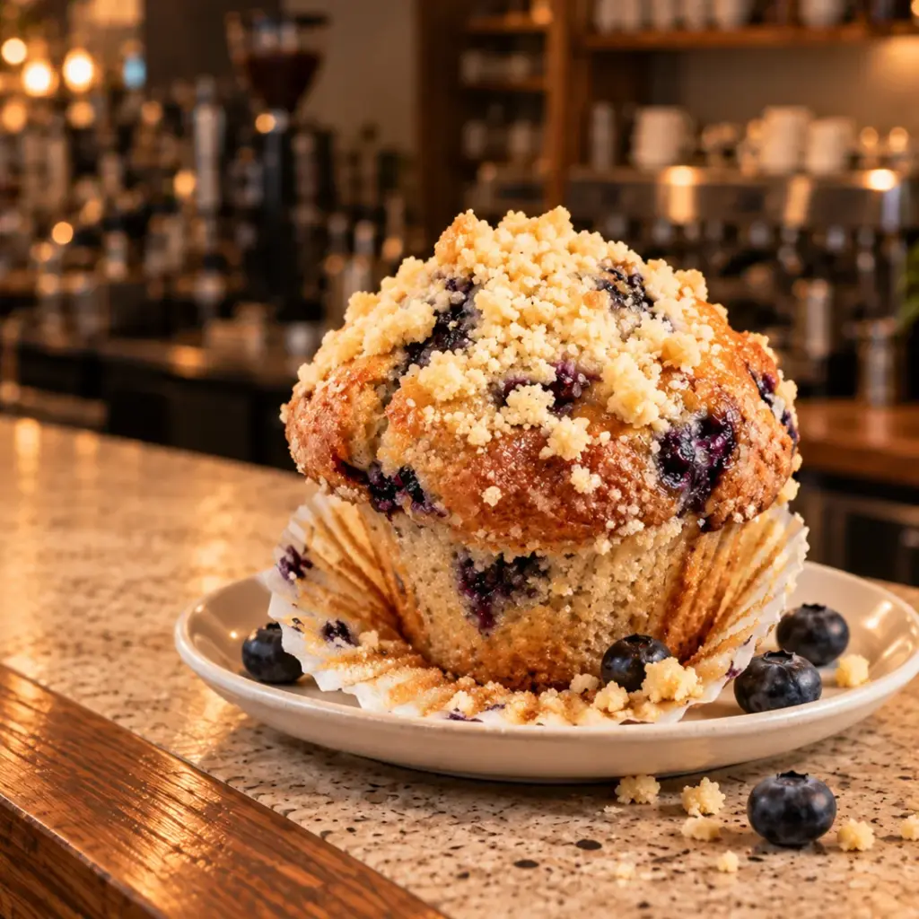 A blueberry muffin with a crumb top on a small plate, on the Daybreak counter