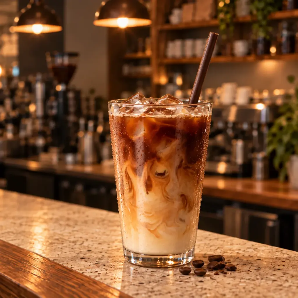 A tall glass of cold brew over ice with cream swirling through it, on the Daybreak counter