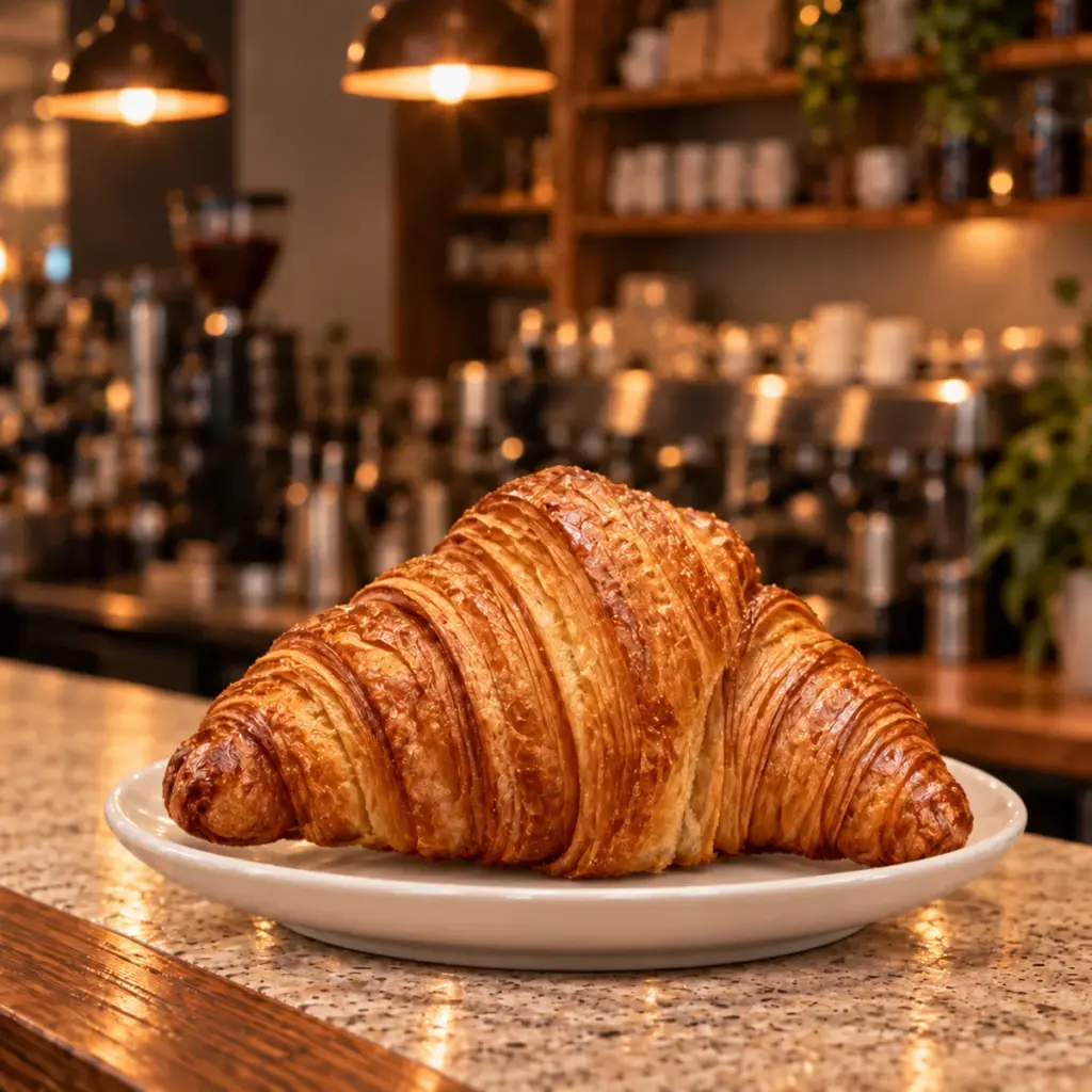 A butter croissant on a white plate on the Daybreak counter, the espresso bar soft behind it