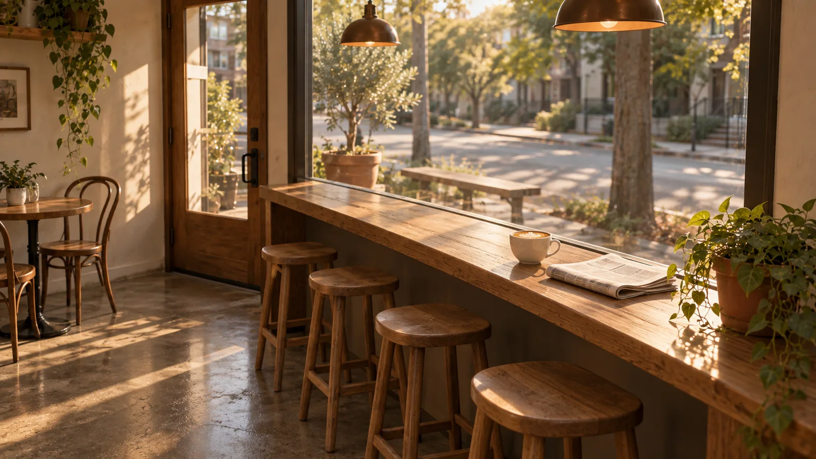 The front window seats at Daybreak in morning light, four oak stools along the window ledge and a latte waiting