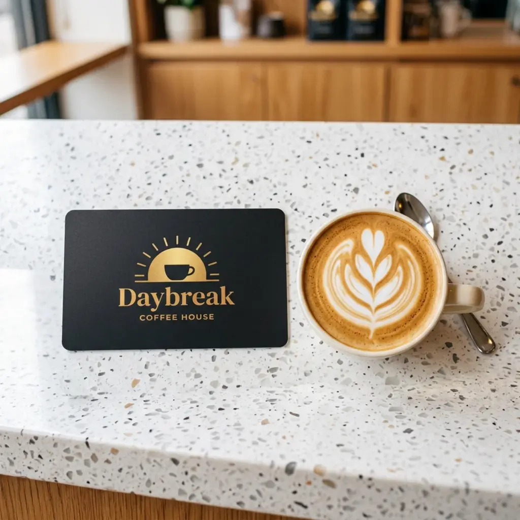 A Daybreak gift card on the counter beside a latte
