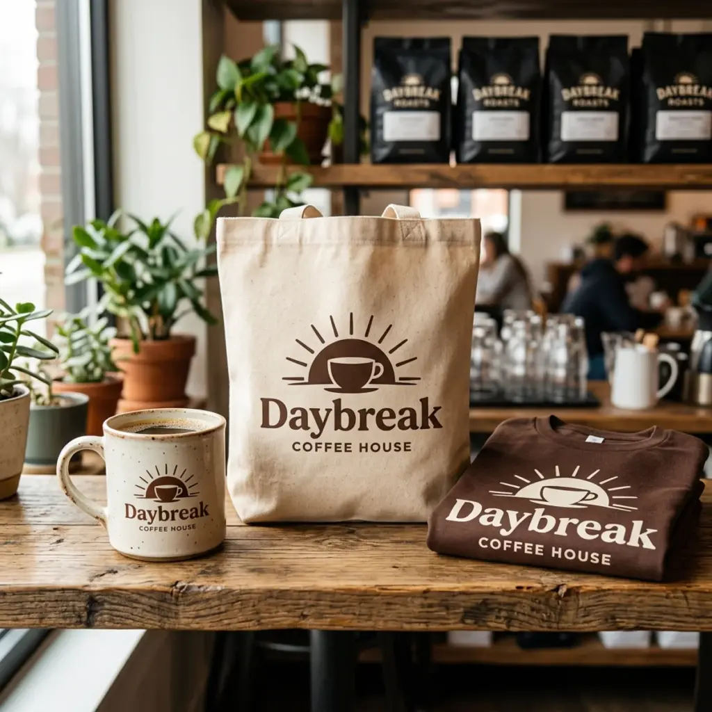 A Daybreak stoneware mug, canvas tote and cream tee on the oak shelf
