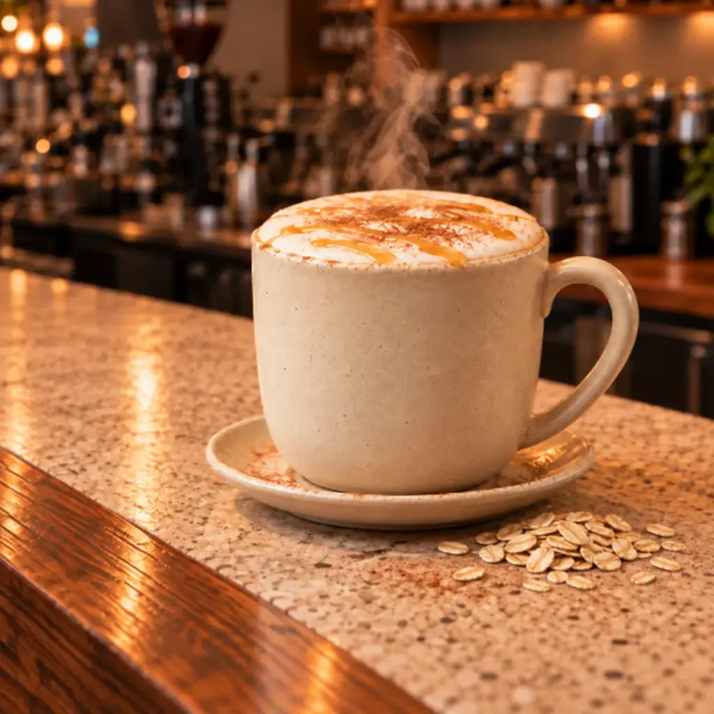 A honey oat latte in a cream mug, honey drizzled over the foam with cinnamon, a scatter of oats on the counter