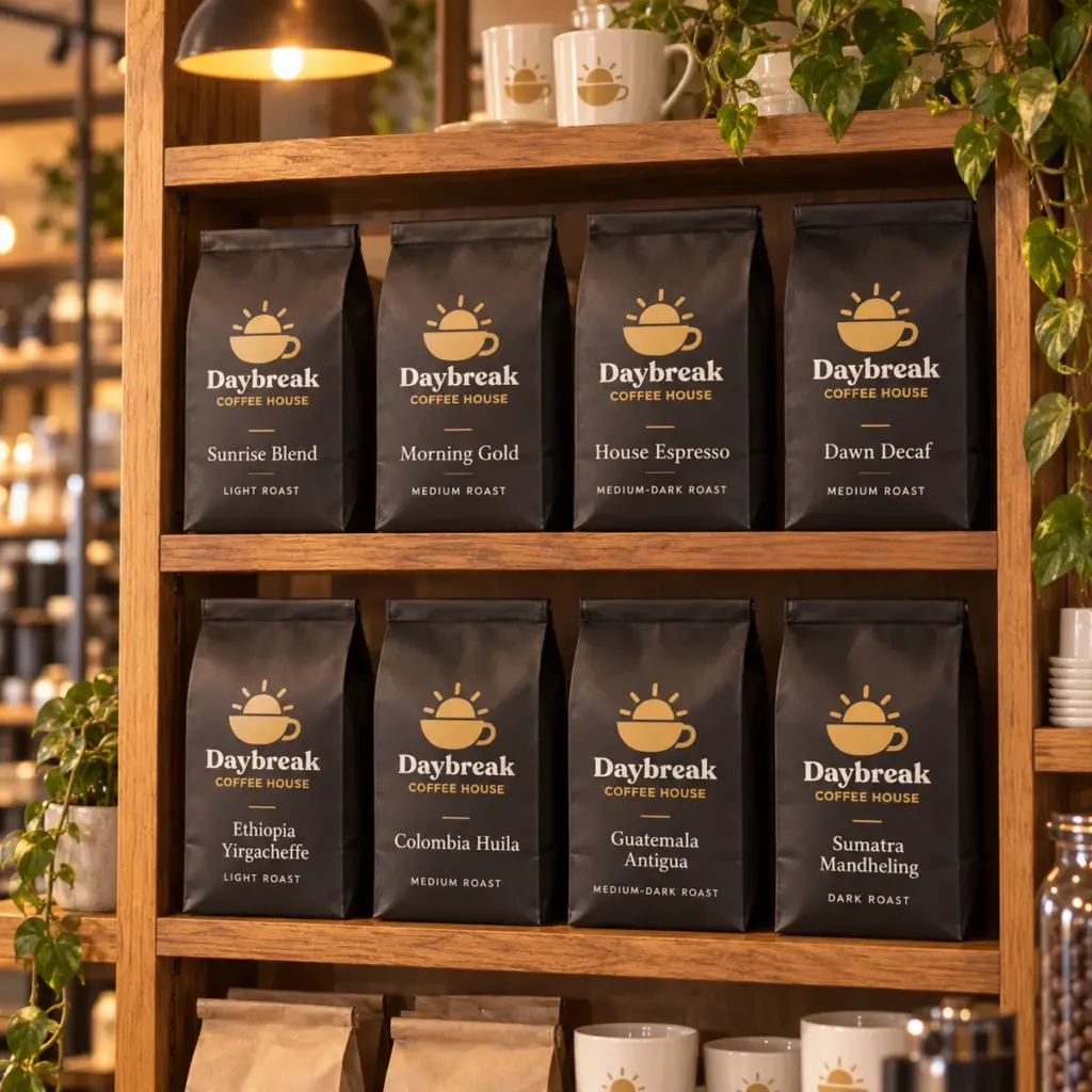 Bags of Daybreak house roasts lined up on the oak shelf
