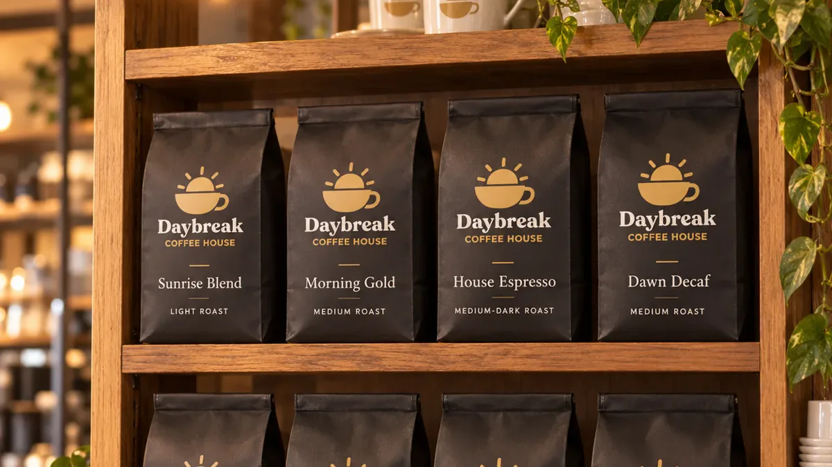 Bags of Daybreak house roasts lined up on the oak shelf