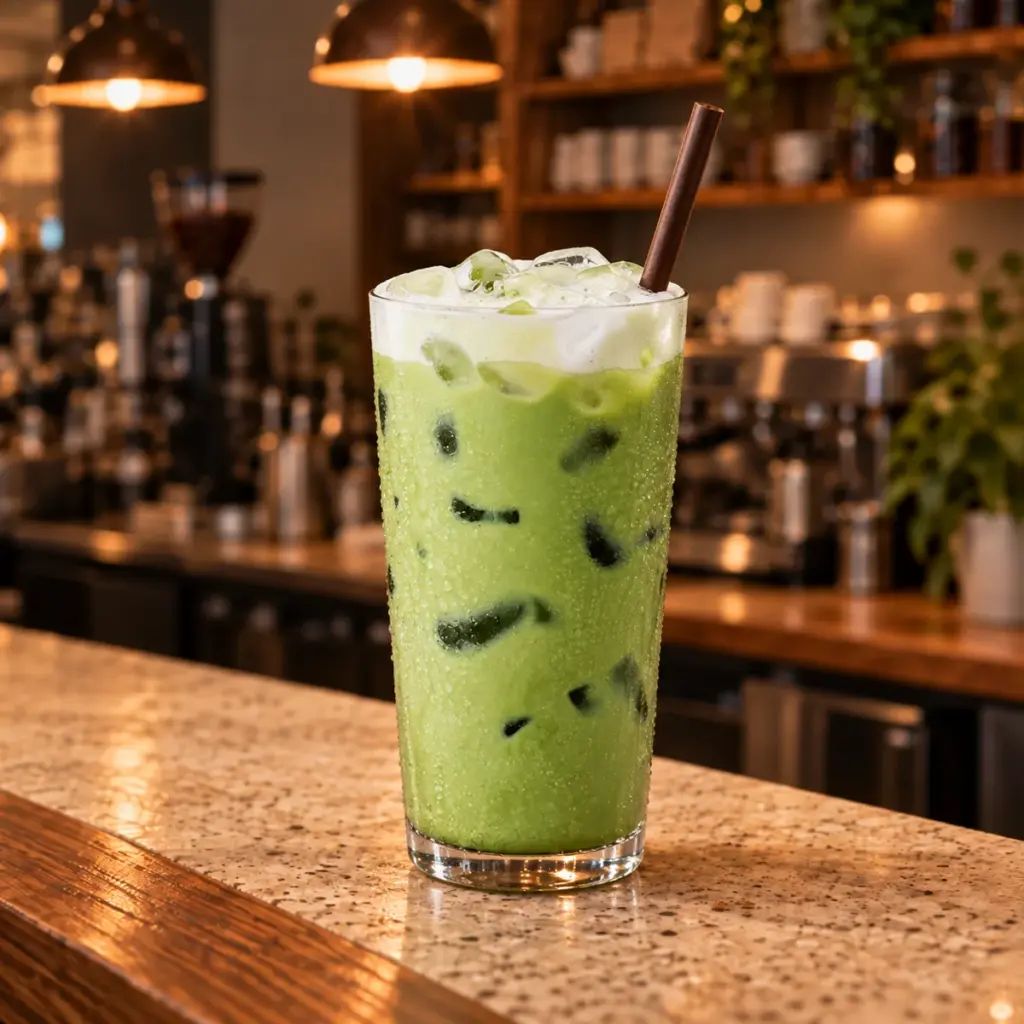 A tall iced matcha latte, bright green over ice with a brown straw, on the Daybreak counter