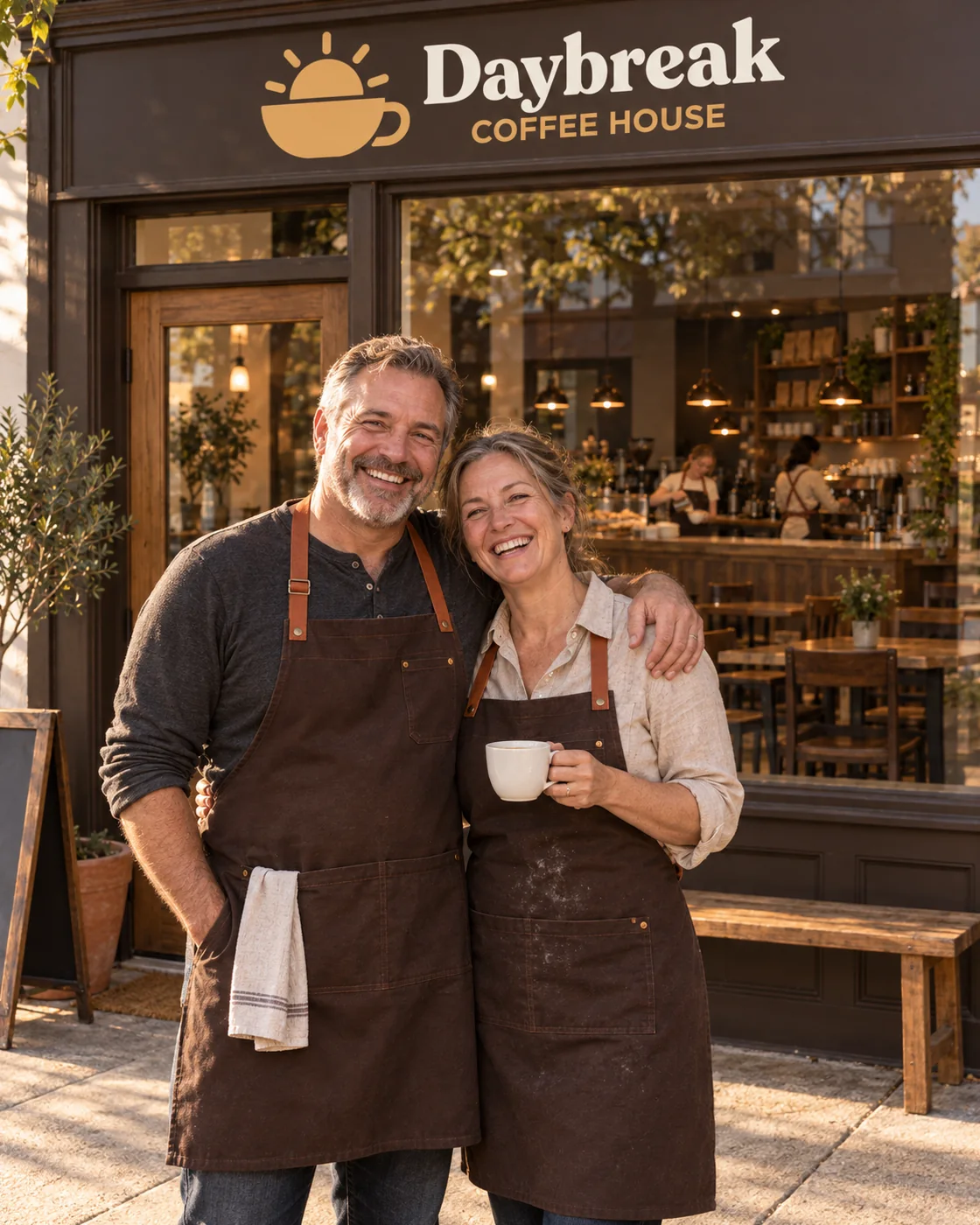 Maria and Sam, the owners of Daybreak Coffee House, laughing in front of the shop on Alder Street
