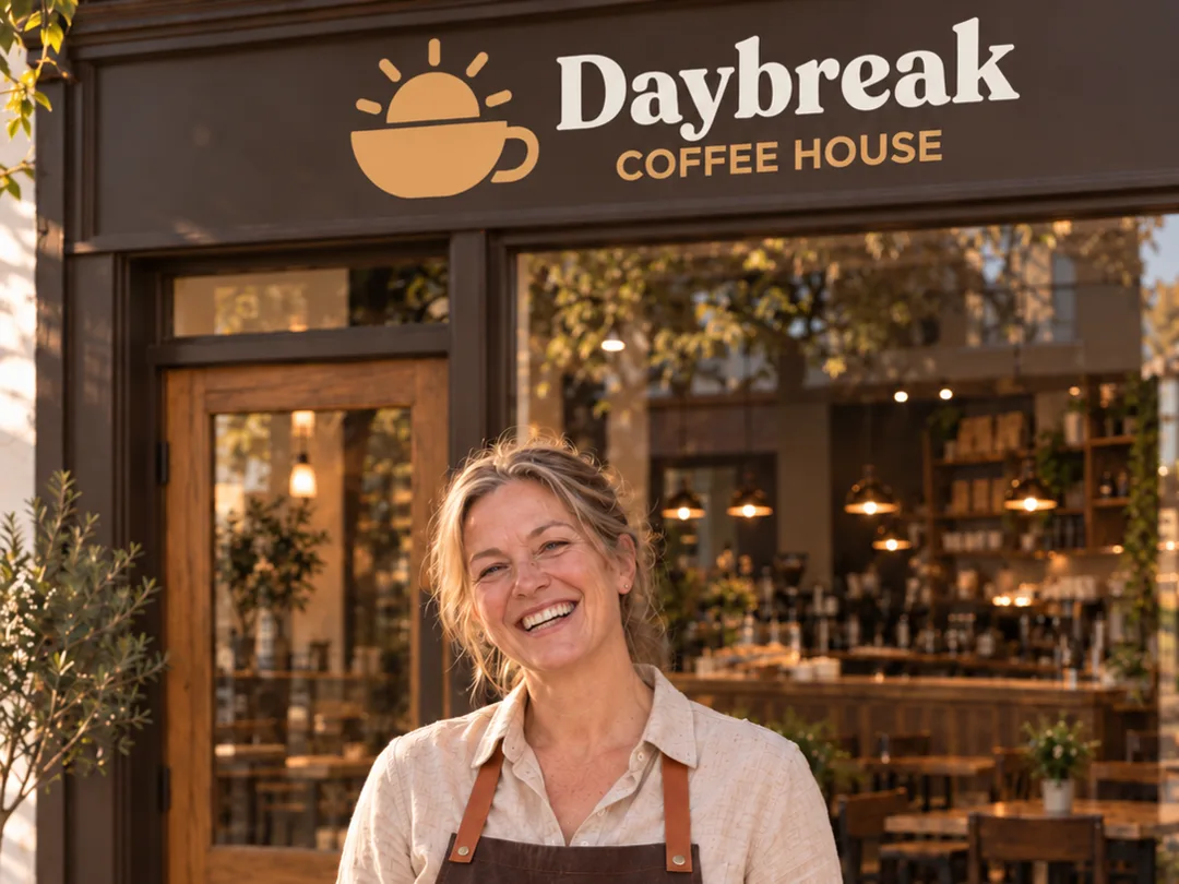 Maria, co-owner of Daybreak, laughing in her apron in front of the shop