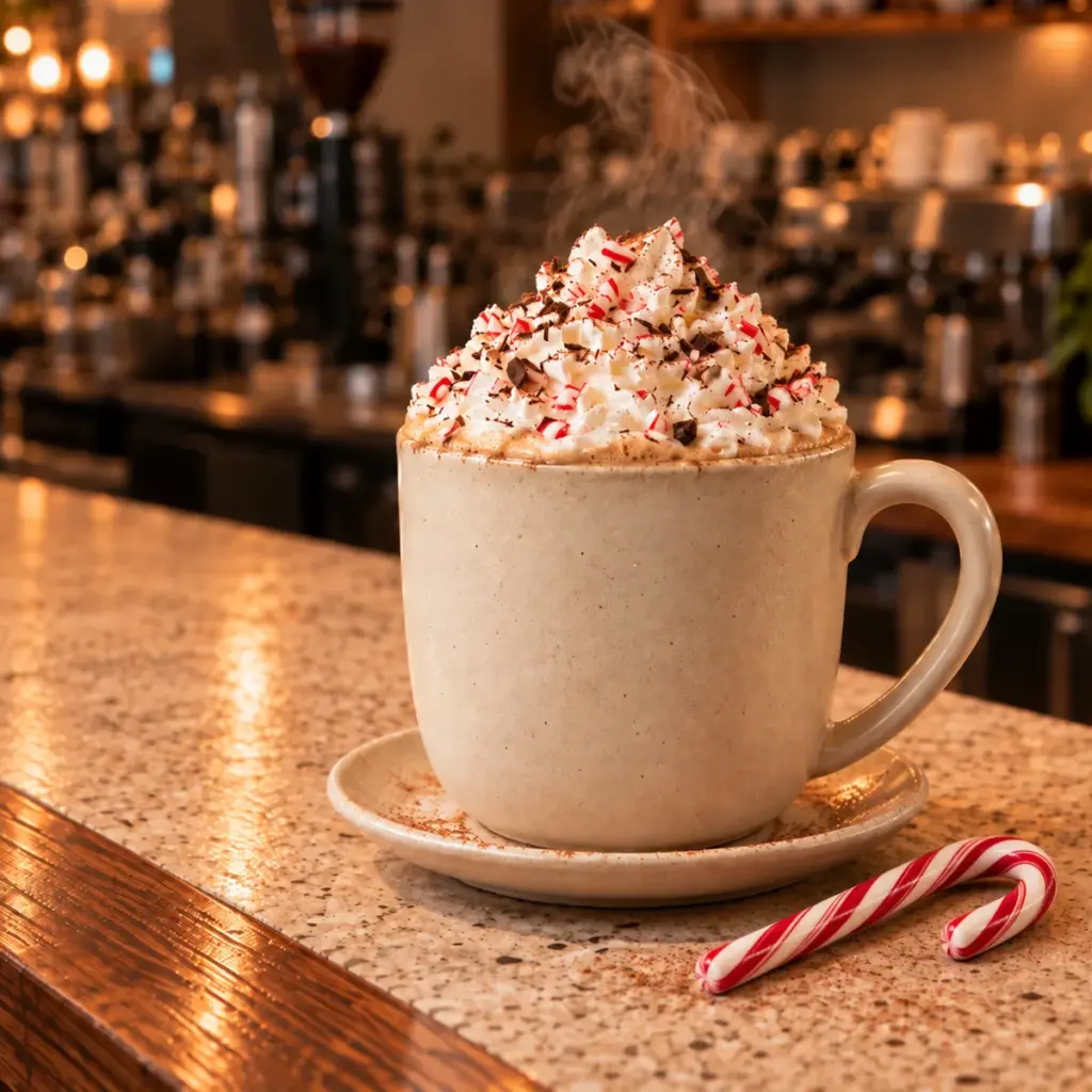 A peppermint mocha latte in a cream mug, whipped cream piled high with crushed candy cane and chocolate shavings, a candy cane beside it on the Daybreak counter