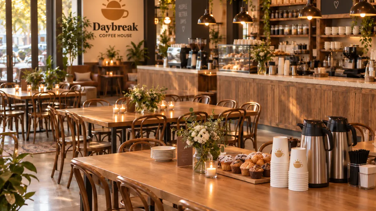 The shop set up for a private event: long tables, candles, a board of pastries and coffee ready to pour