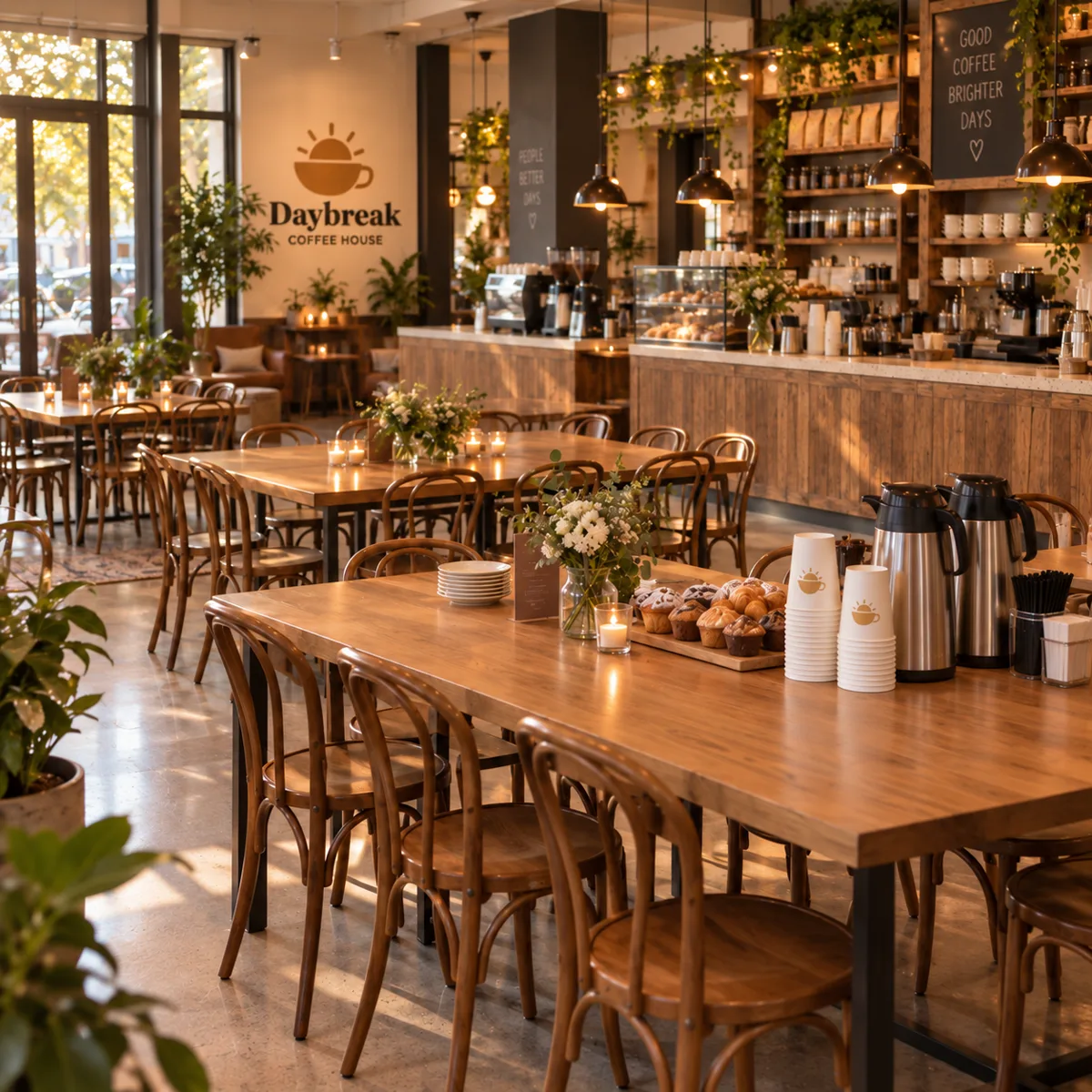 The shop set up for a private event: long tables, candles, a board of pastries and coffee ready to pour