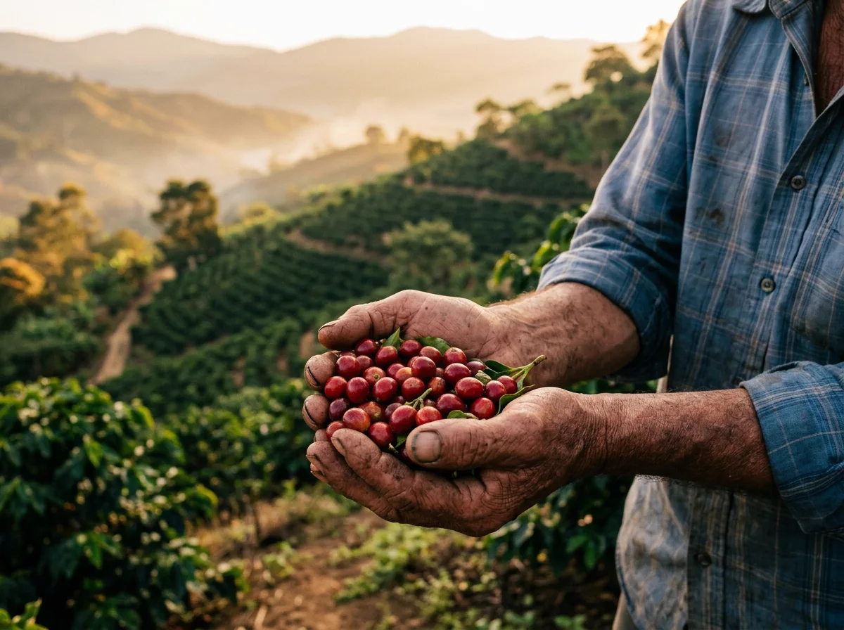 A farmer's hands holding ripe red coffee cherries on a hillside farm