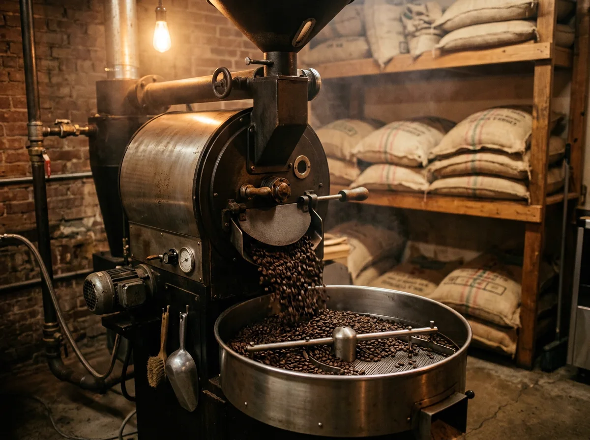 Freshly roasted beans pouring from a small drum roaster into its cooling tray