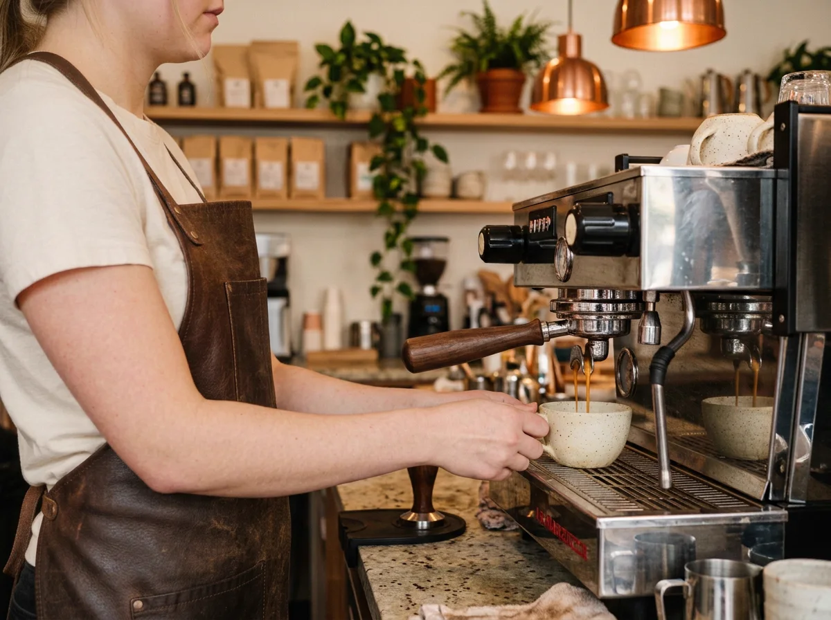 A barista in a leather apron at the espresso machine, portafilter locked in, a shot pouring into a cream cup on the drip tray